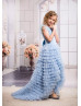 Blue Ruffled Tulle Feather High Low Flower Girl Dress
